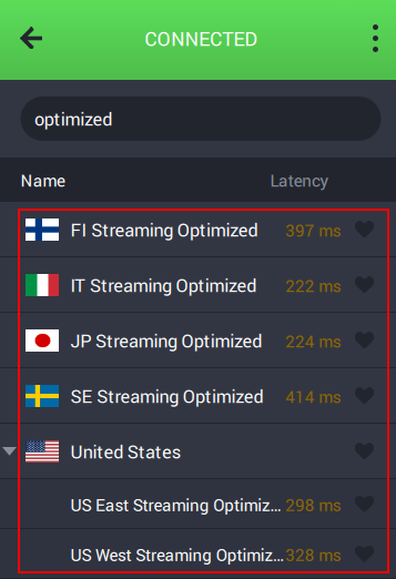 Dedicated “Streaming Optimized” servers visible on PIA client apps’ servers list