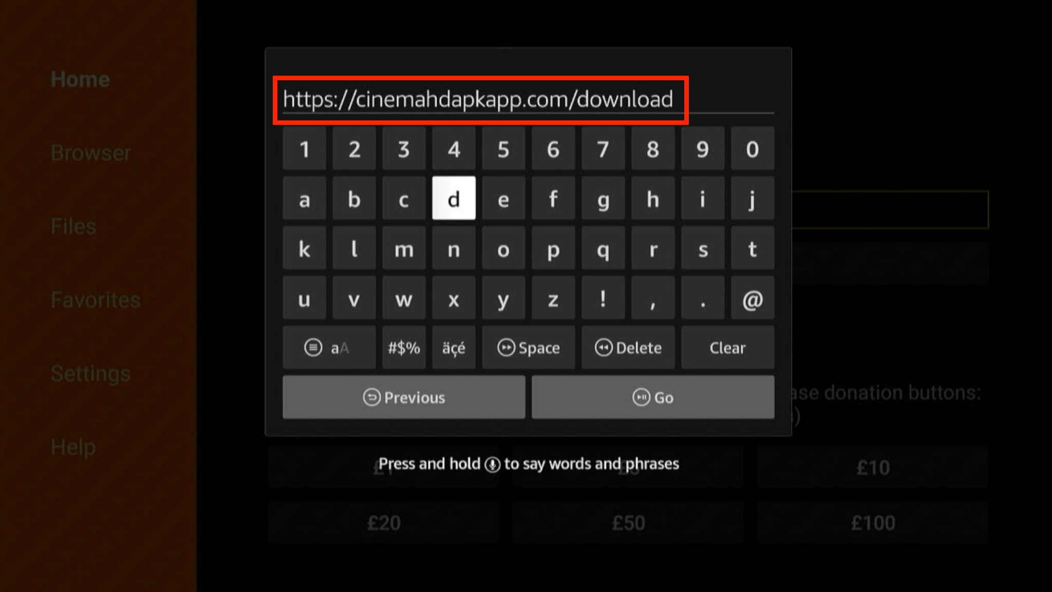 Downlaoder app with the Cinema HD APK app URL typed into the URL bar