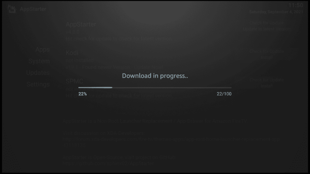 Download progress indicator for Kodi on AppStarter