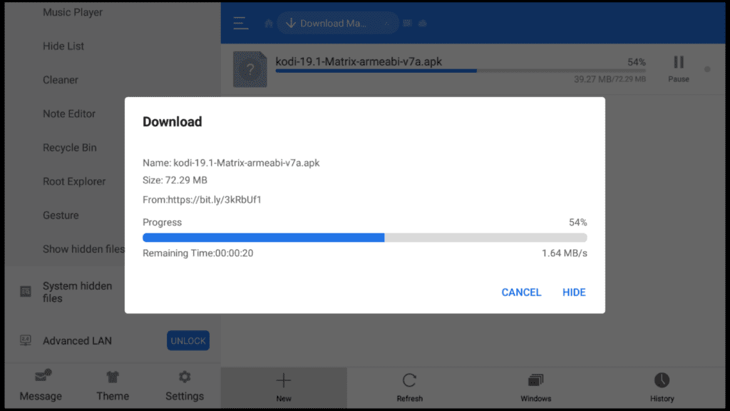 Dialog box indicating download progress of Kodi 19.1 on File Explorer