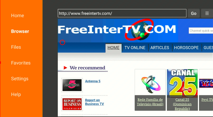 Downloader Browser with freeintertv.com loaded