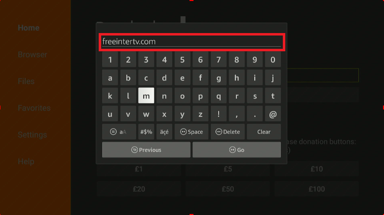 Downloader keyboard with freeintertv.com highlighted