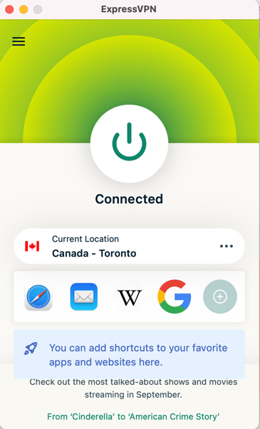 ExpressVPN connected to Canada - Toronto location