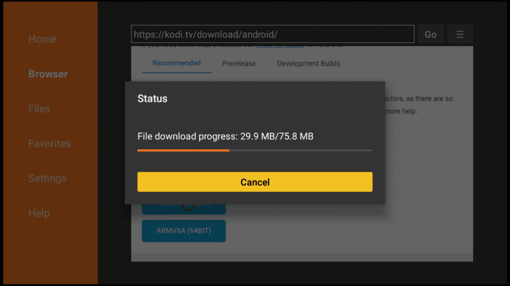 Kodi 19.1 on Firestick dialog box shows File download progress with Cancel button