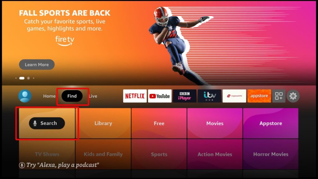 Firestick home page with prominent Find and Search buttons