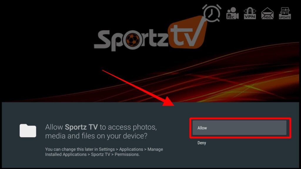 Granting Sportz TV storage permission