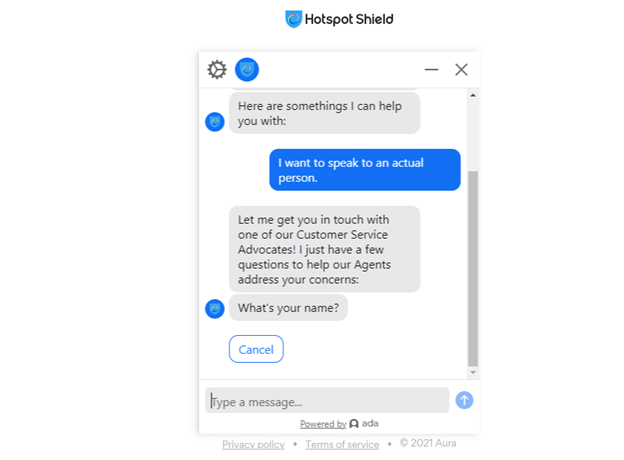 Hotspot Shield Chat Bot replying to your queries