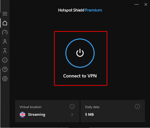 Hotspot Shield Premium Connect ot VPN dashboard