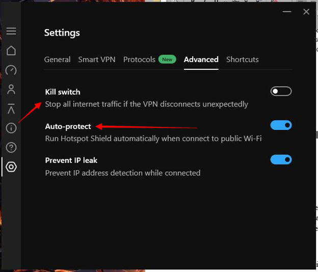 Hotspot Shield Premium user settings show 3 advanced options: Kill switch, Auto-protect, and Prevent IP leak