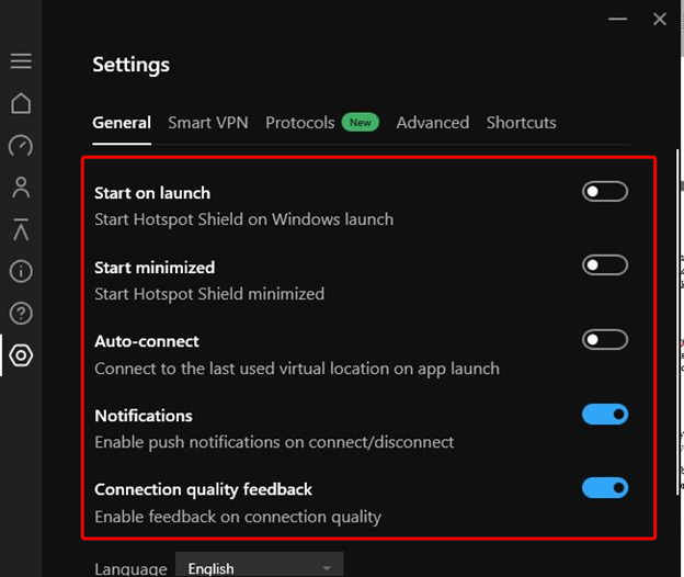 Hotspot Shield Settings dashboard general options: Start on launch, Start minimized, Auto-connect, Notifications option, Connection quality feedback