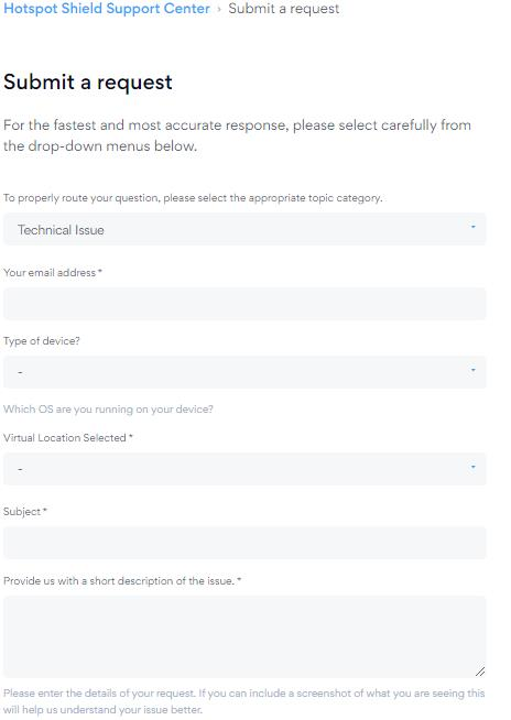 Hotspot Shield Support Center form to fill up the details of your issue