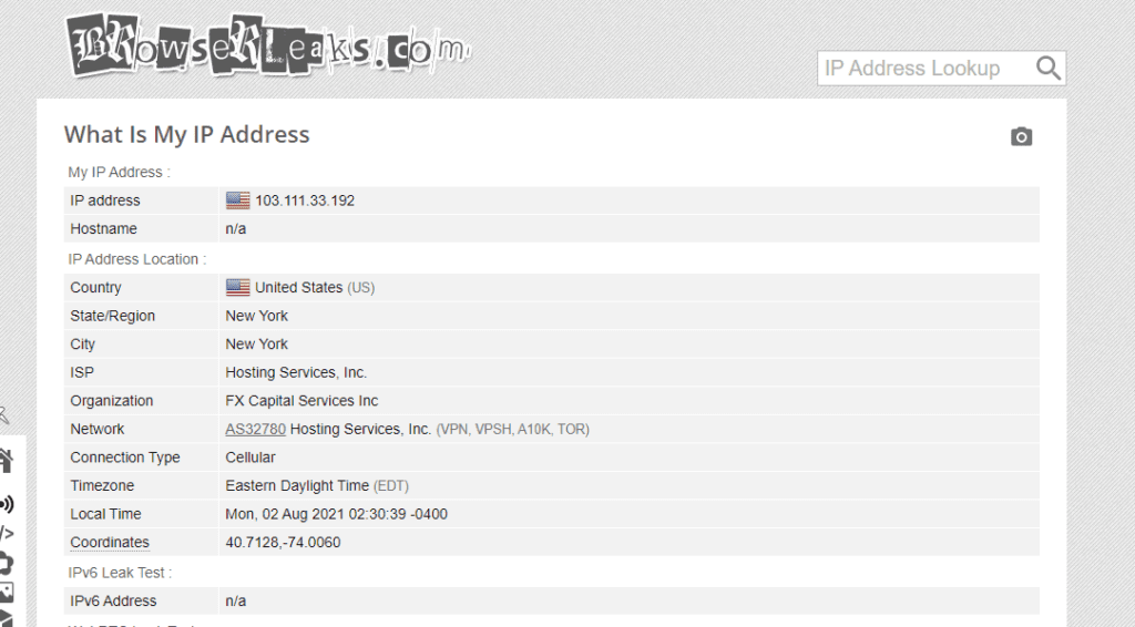 IP Address Lookup on Browserleaks