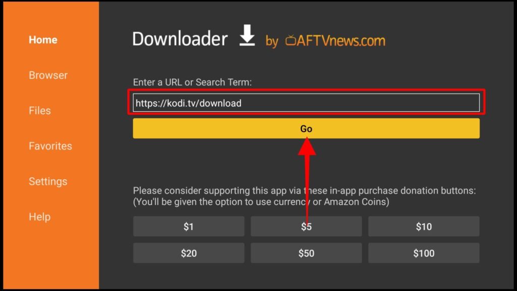 Downloader form has a field below Enter a URL or Search Term to type the Kodi download URL