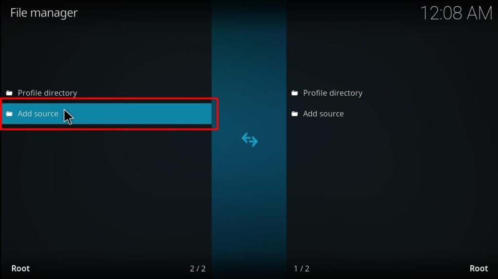 In Kodi File Manager, Add source appears as an option