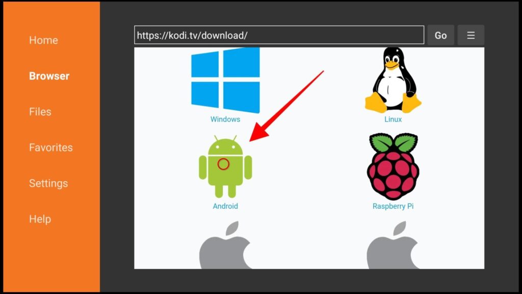 In the Kodi download page, choose Android among Windows, Linux, Raspberry and Apple icons