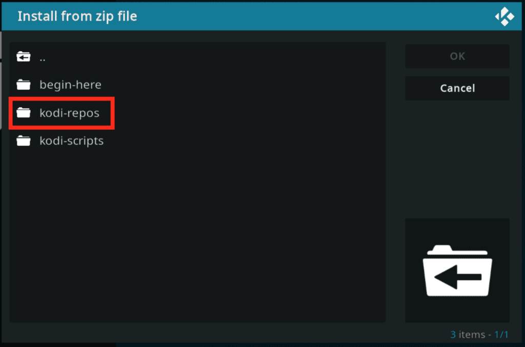 Instalar desde el menú del archivo zip con Kodi-Repos resaltado