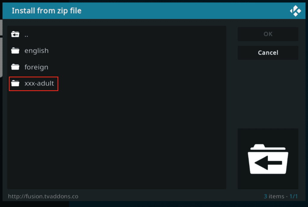 Install from zip file menu with xxx-adult highlighted