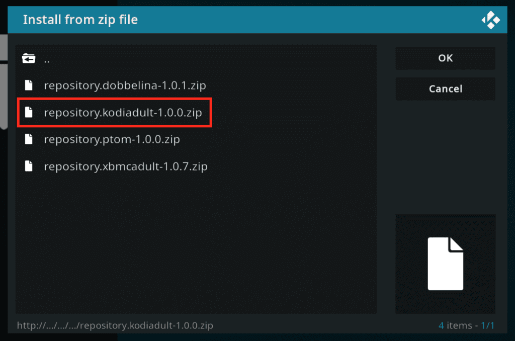 Install from zip file with repository.kodiadult-1.0.0.zip highlighted