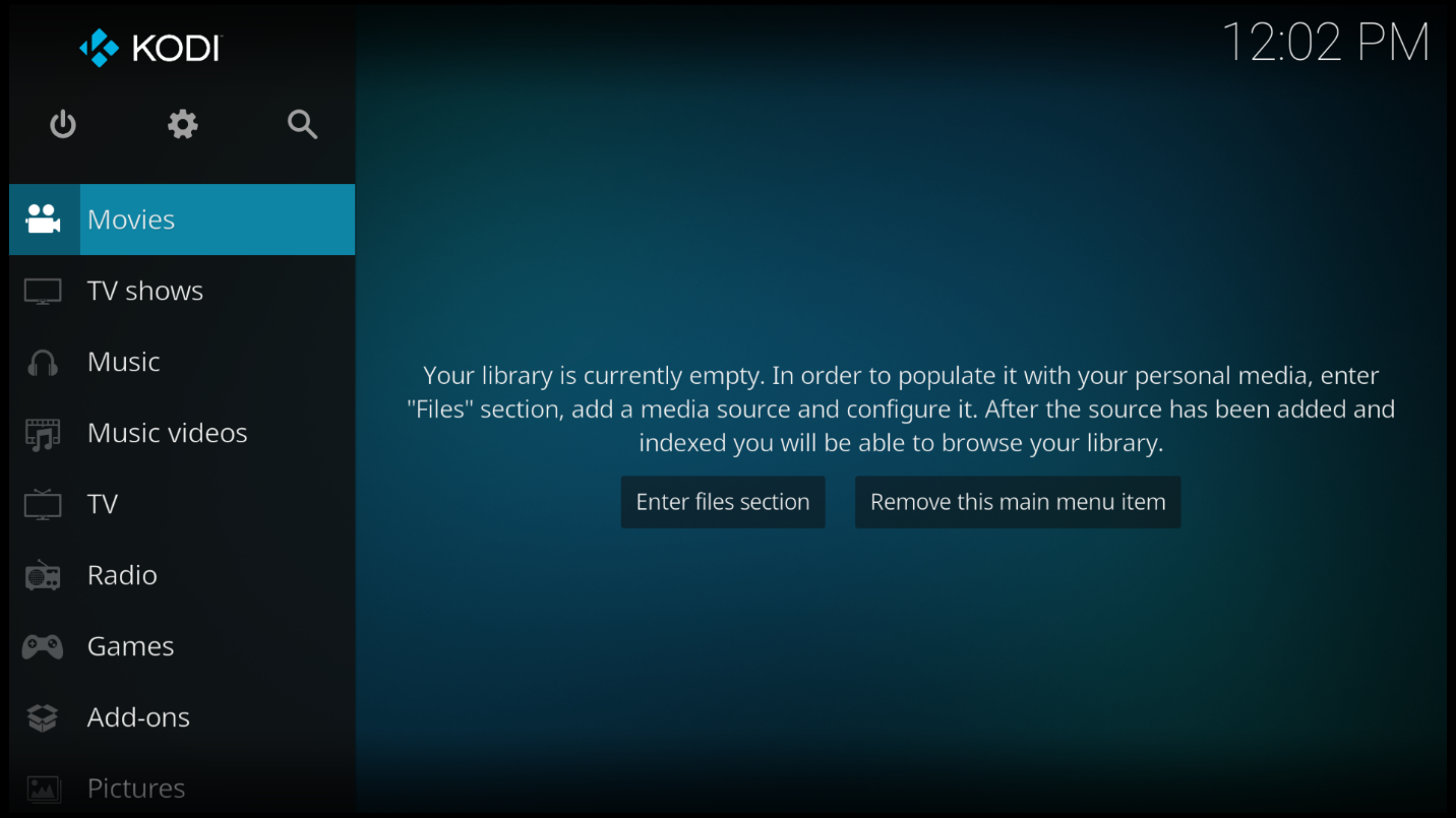 Kodi 19 Matrix Home Page on first launch appears with Enter files section and Remove this main menu item buttons