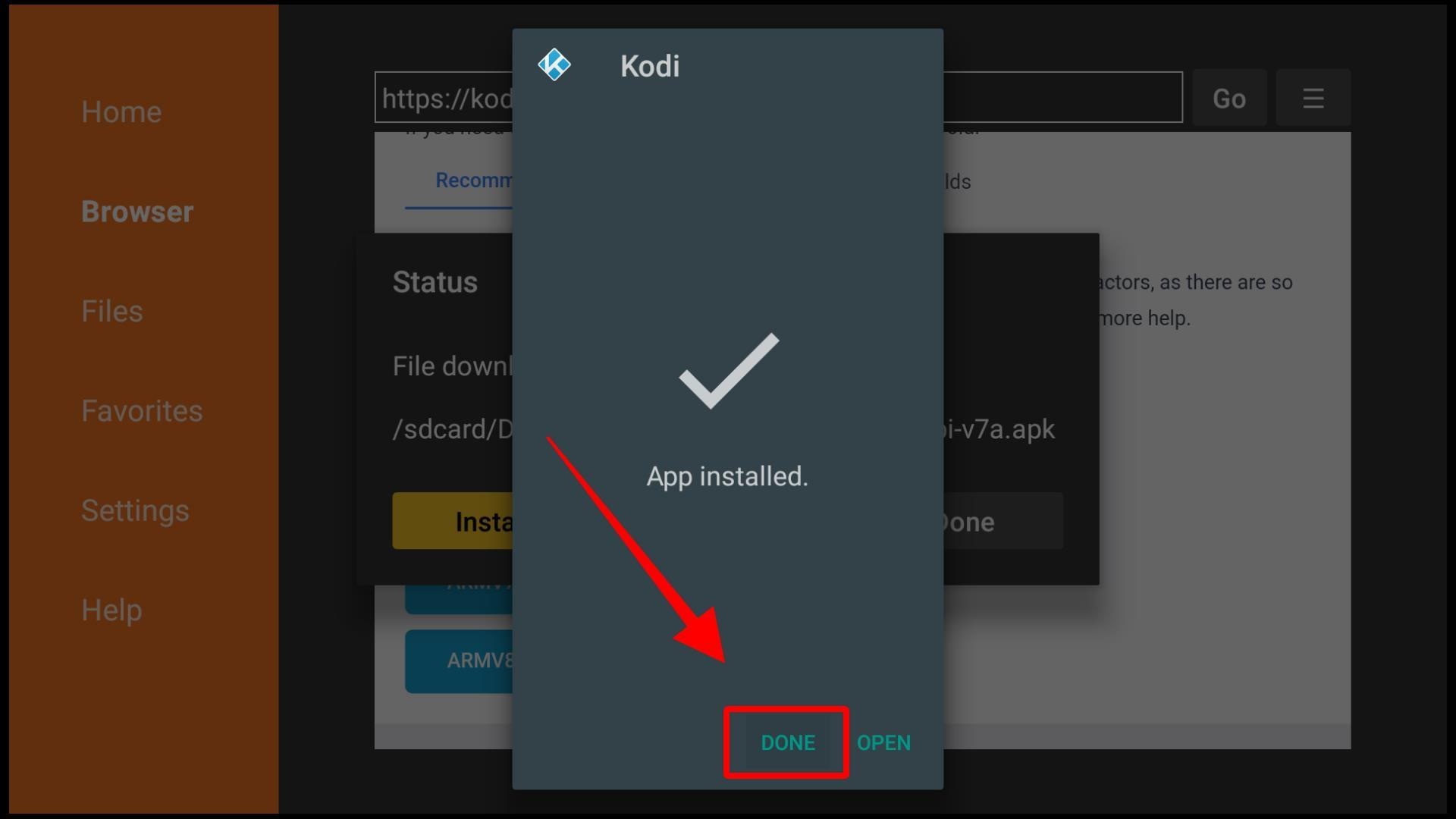 Kodi 19.1 dialog box confirms App installed with Done and Open options