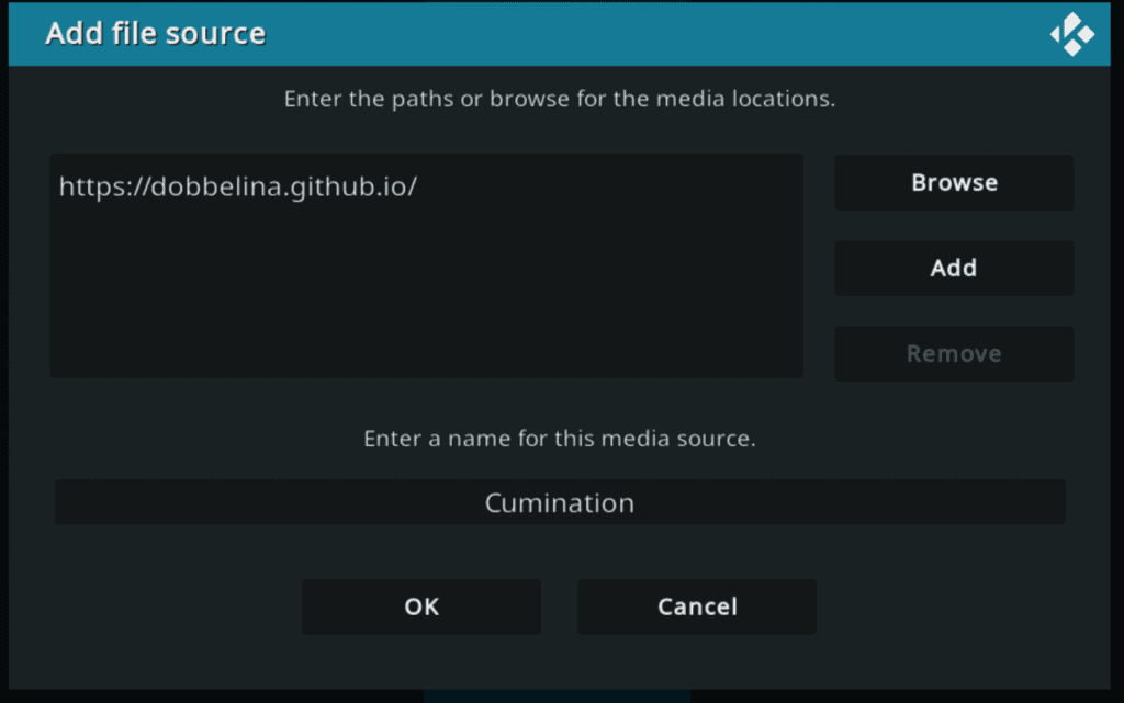 Kodi Add file source screen with the Cumination repo link and Cumination name entered