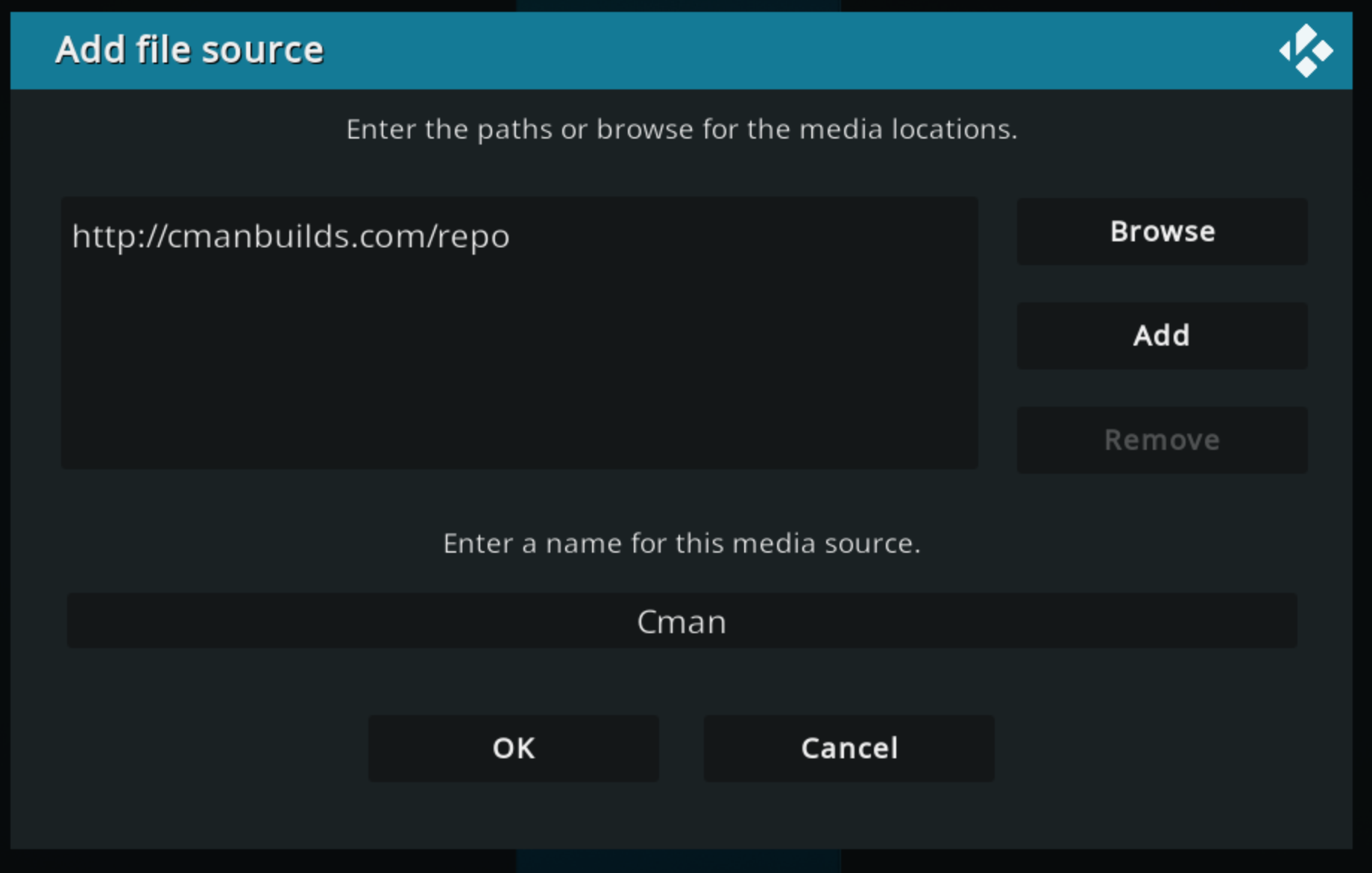 Kodi Add file source window with Cman added