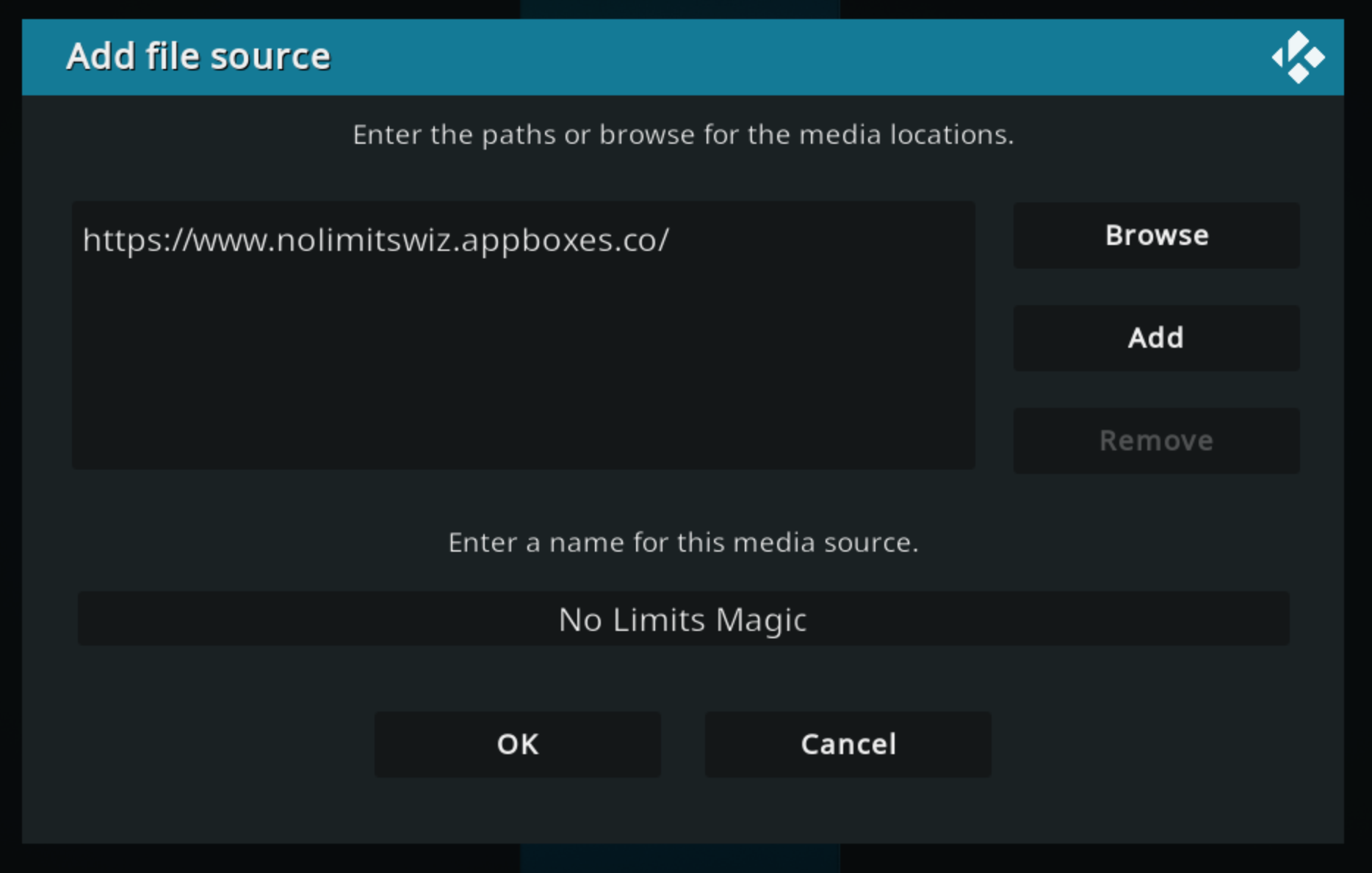 Kodi Add file source window with No Limits Magic added