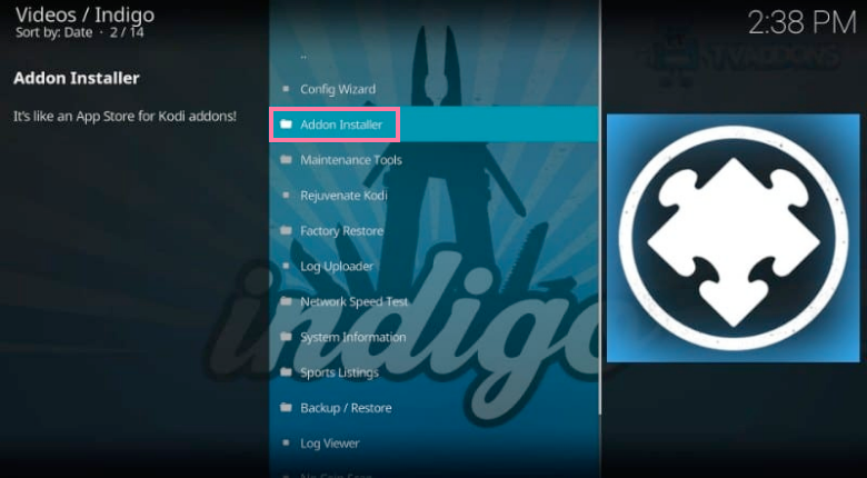 Kodi Add-on window Select Addon installer