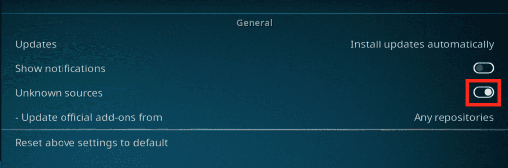 Kodi Add-ons menu with the Unknown sources toggle set to on