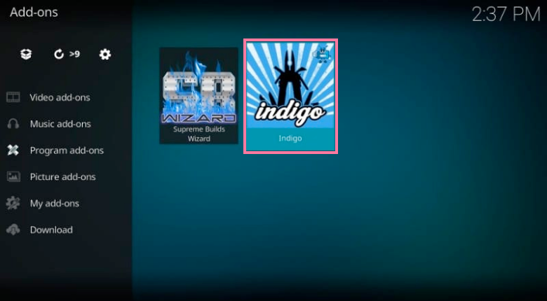 Kodi Add-ons window Select Program add-ons and open Indigo