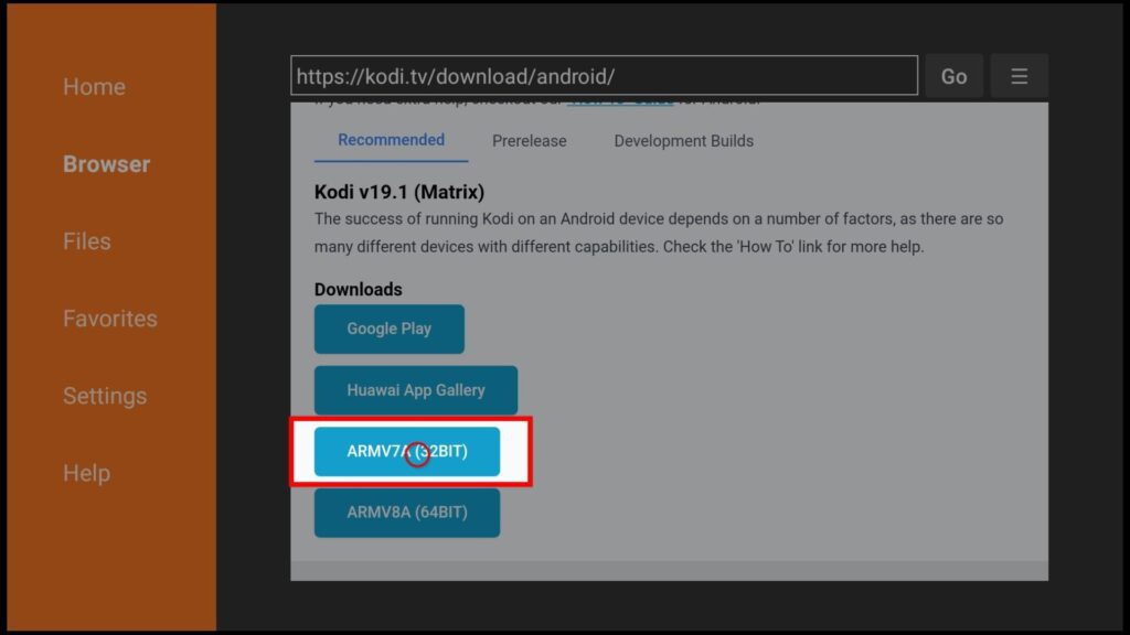 In the Kodi Android Recommended settings page, options under Kodi v19.1 (Matrix) include Google Play, Huawai App Gallery, ARMV7A (32BIT) and ARMV8A (64BIT)