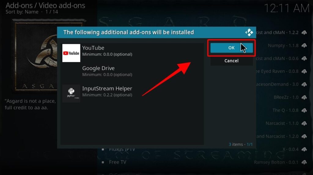 Kodi Asgard Addon dependencies permission notification with OK and Cancel buttons