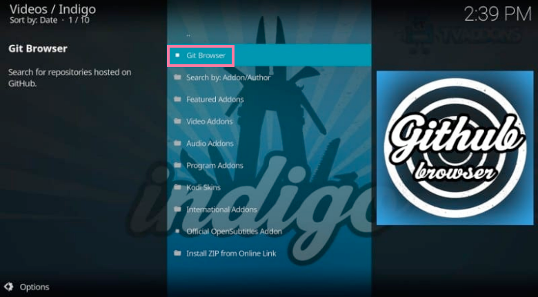 Kodi Click on Git Browser