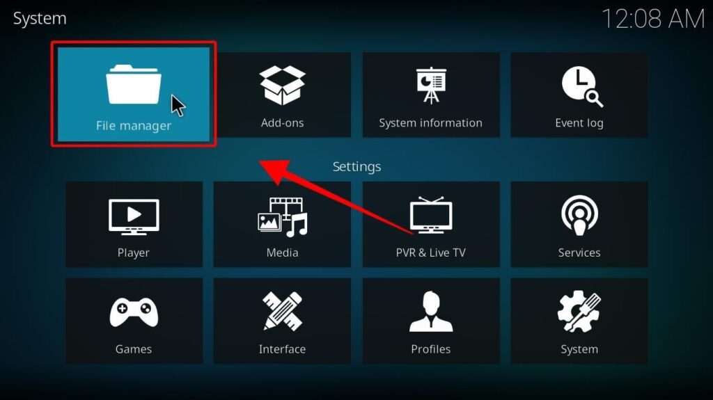 Kodi File Manager in settings