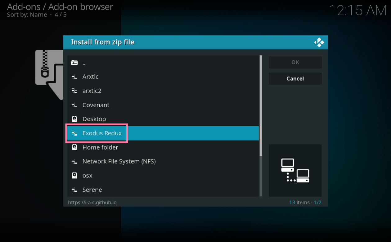 Kodi From the Install from zip file dialog box, select Exodus Redux