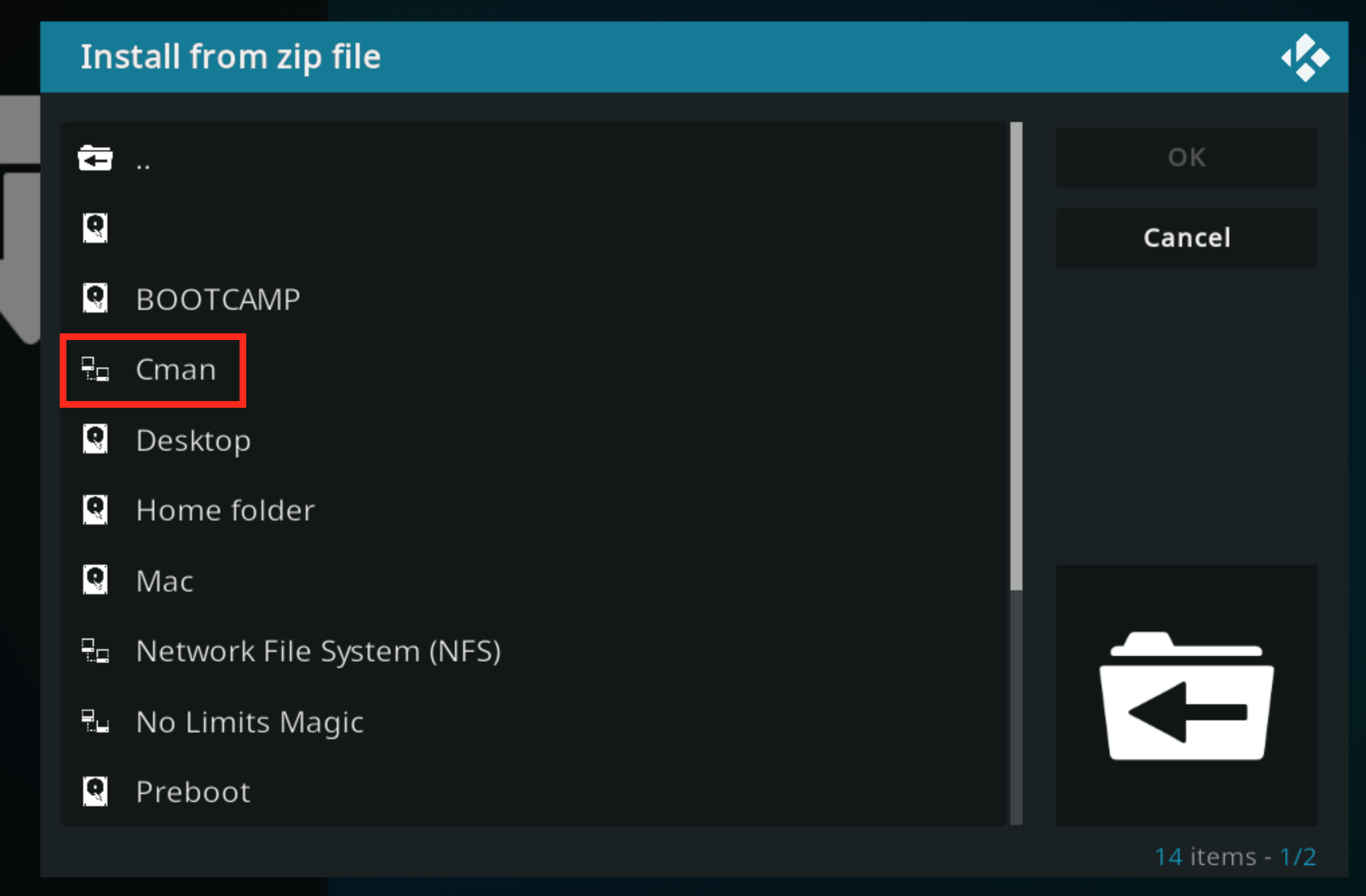 Kodi Install from zip file menu with Cman highlighted
