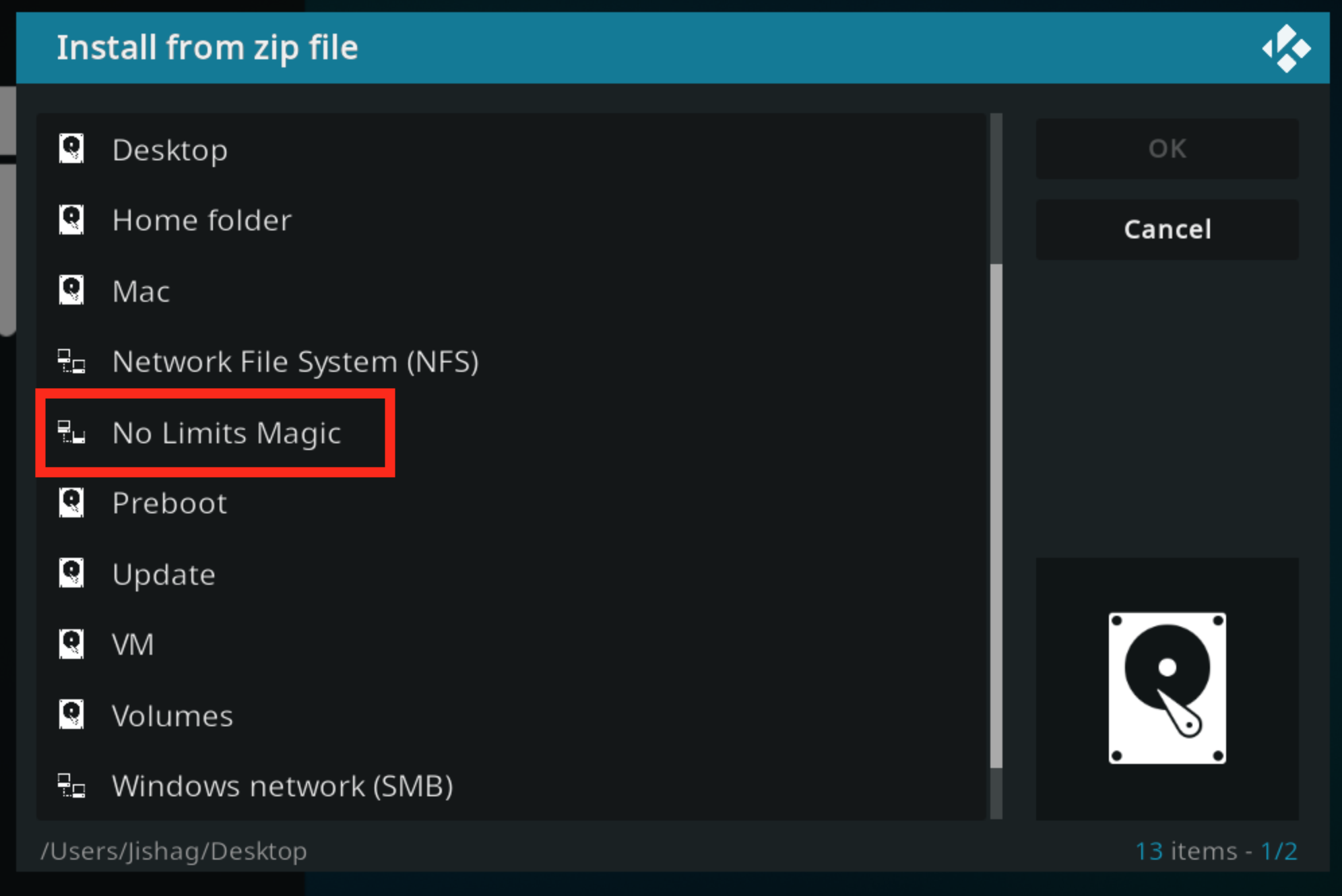 Kodi Install from zip file menu with No Limits Magic highlighted