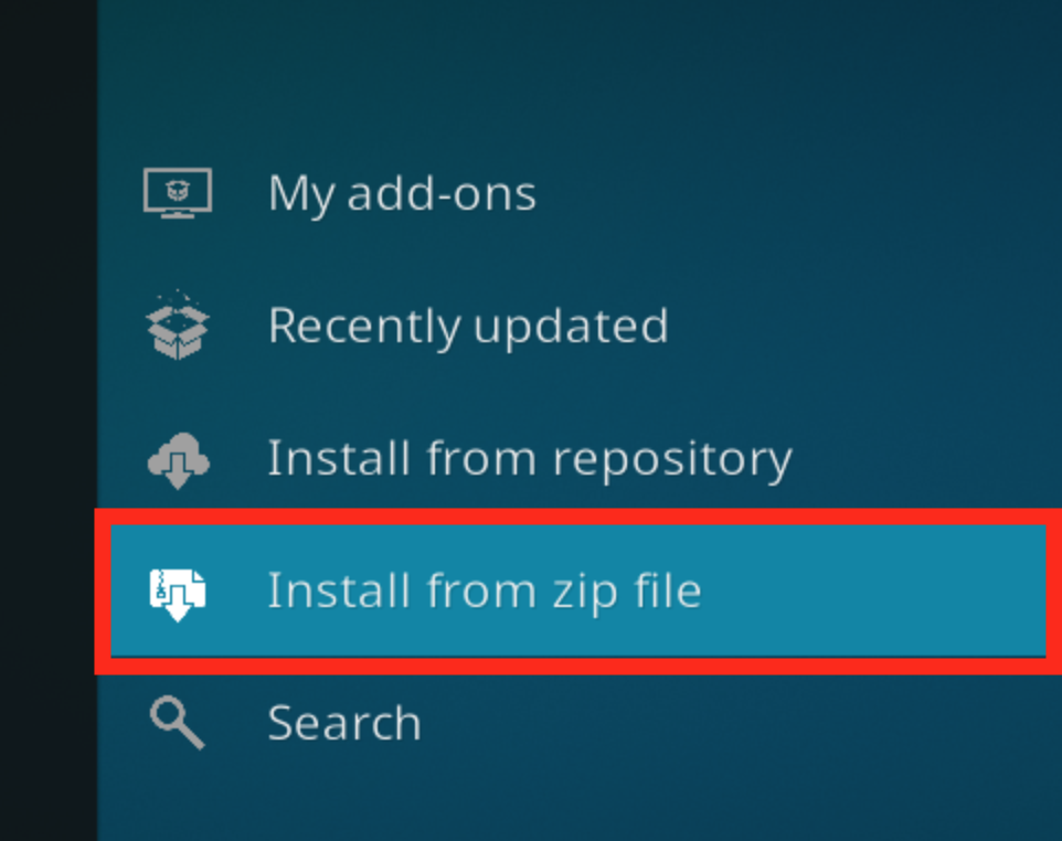 Kodi Package Installer menu with Install from zip file highlighted