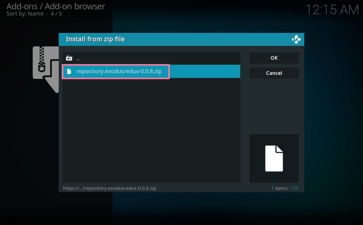 Kodi Select repository.exodusredux-0.0.8.zip and complete the installation