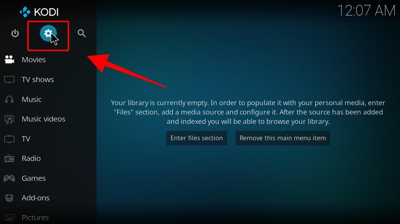 Kodi Settings button is indicated by a large cog button at the top of the left navigation menu on Home Page