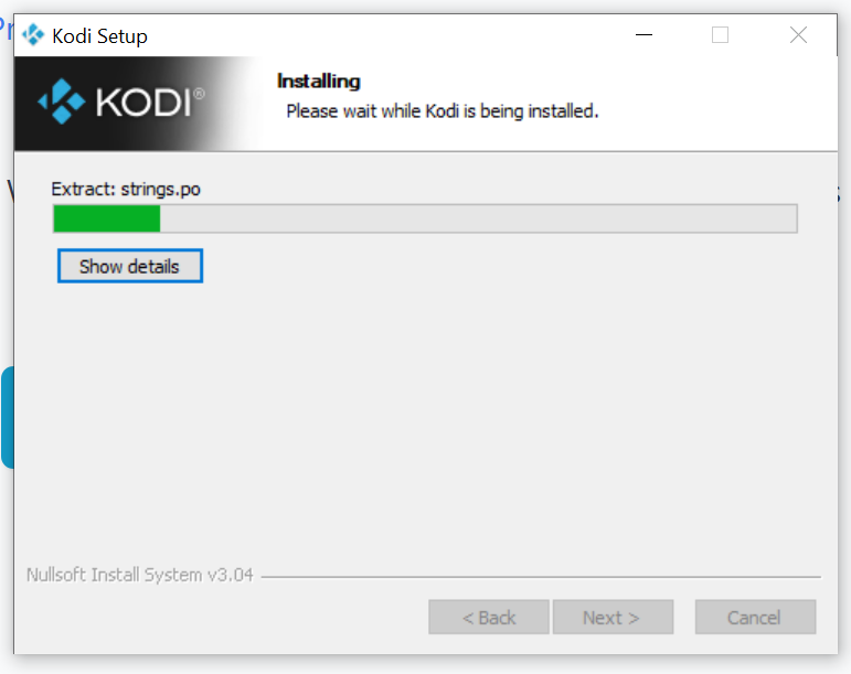 Kodi Setup Wizard on Windows showing Kodi being installed