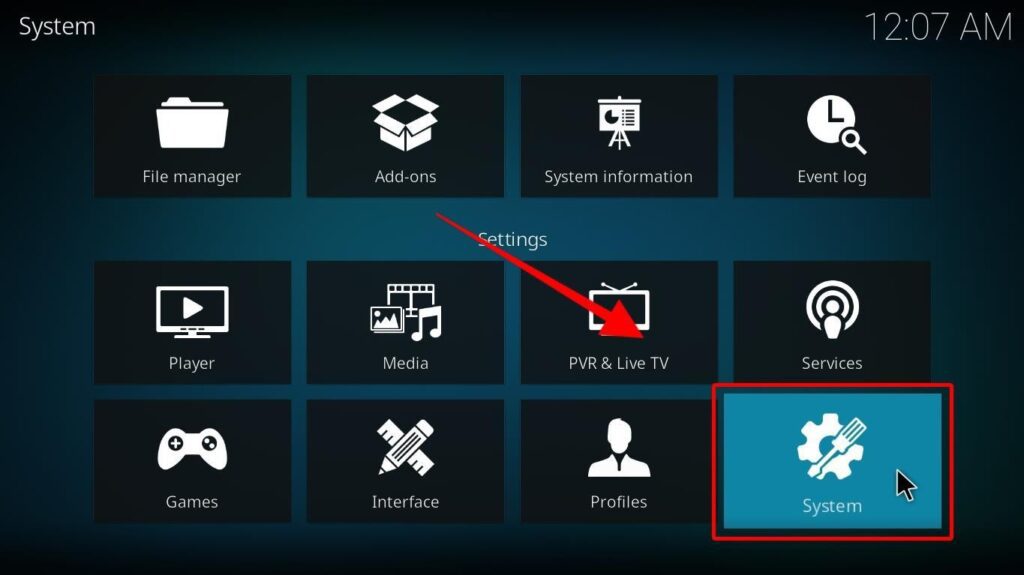 Kodi System option in settings