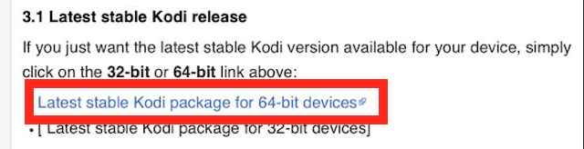 Kodi Wiki iOS downloads page with Latest stable Kodi package for 64-bit devices highlighted