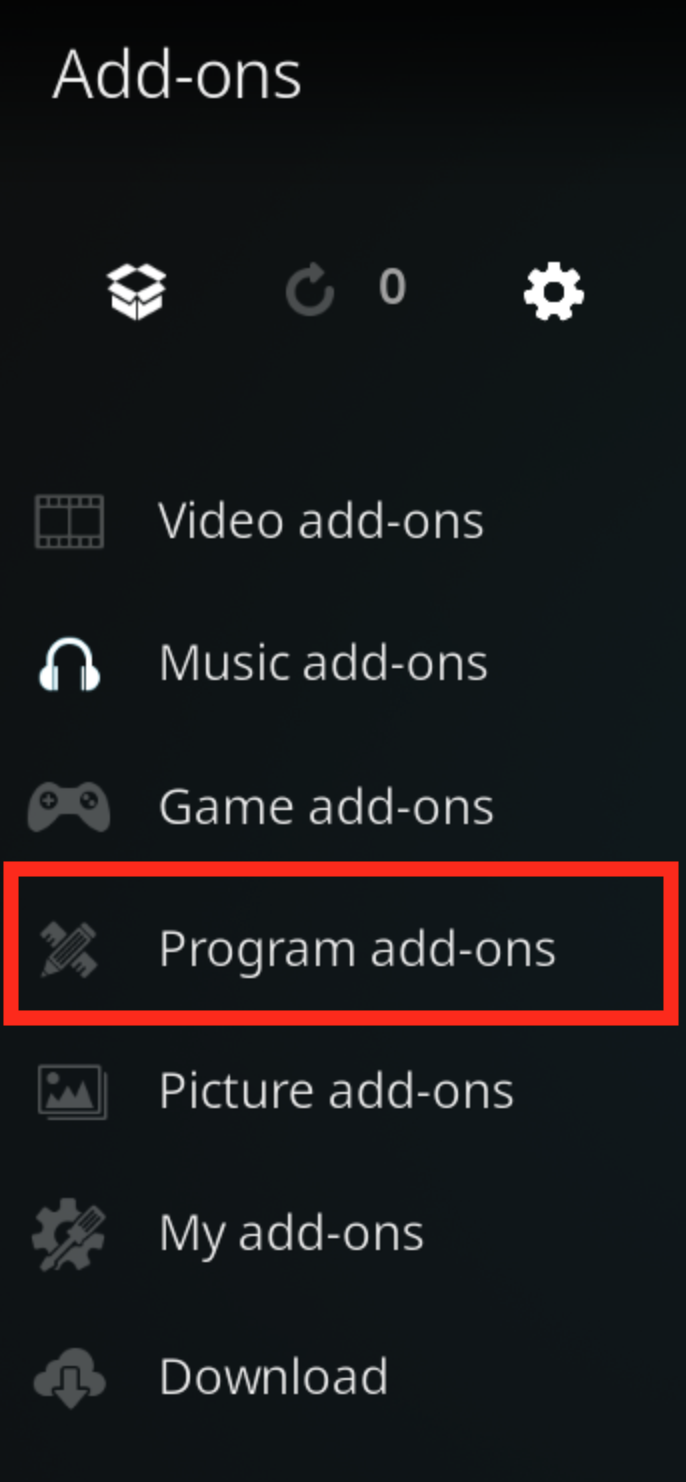 Kodi add-ons menu with Program add-ons highlighted