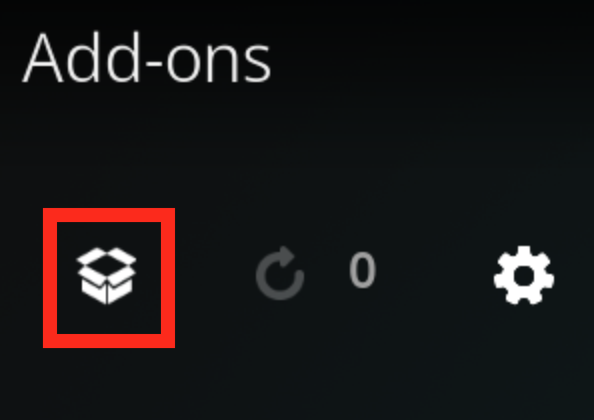 Kodi add-ons menu with the Package Installer icon highlighted