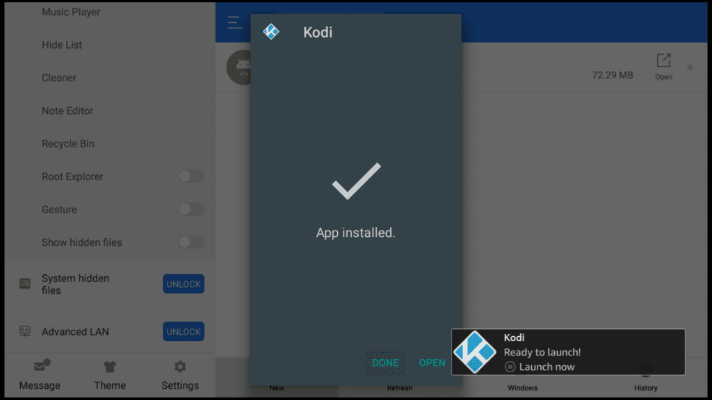 Kodi dialog box confirming App installed with Open and Done options