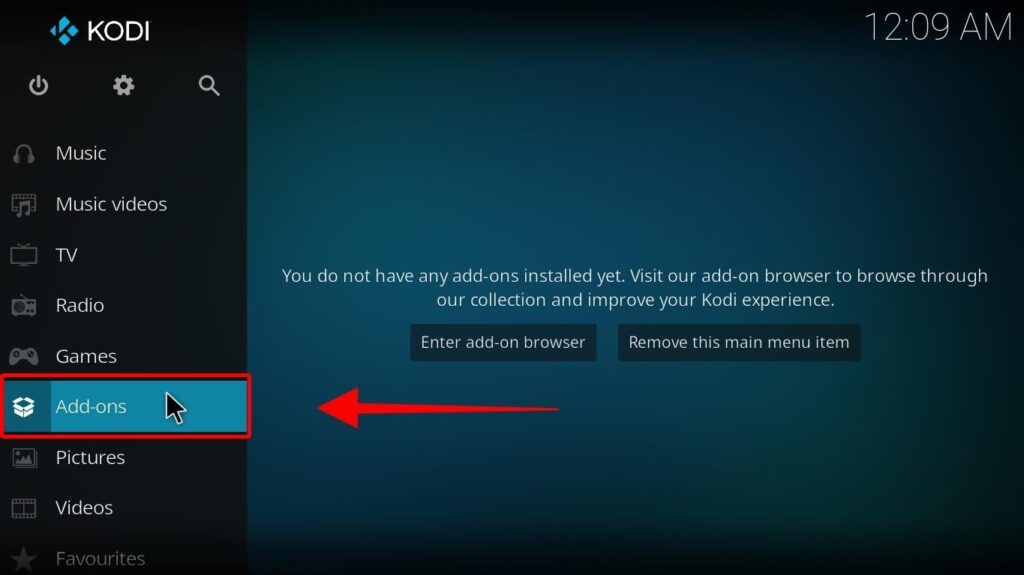 Kodi home page shows Add-ons on the left navigation menu