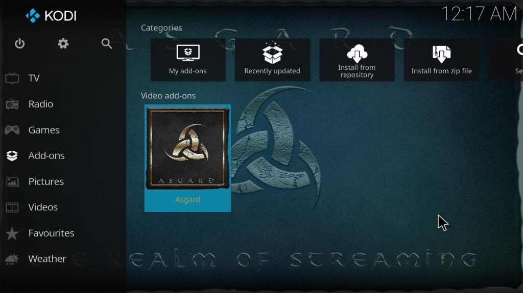Kodi home page with Asgard Kodi Addon