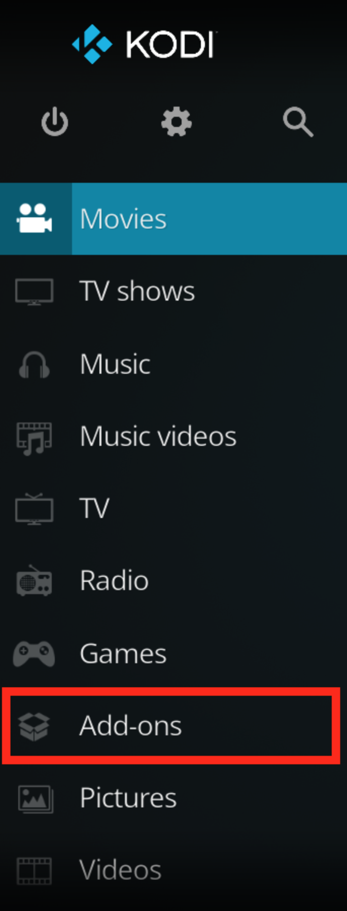 Kodi home screen menu with Add-ons highlighted