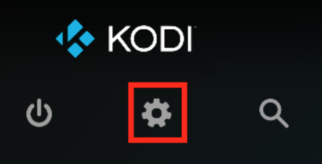 Kodi home screen with the Settings cog highlighted